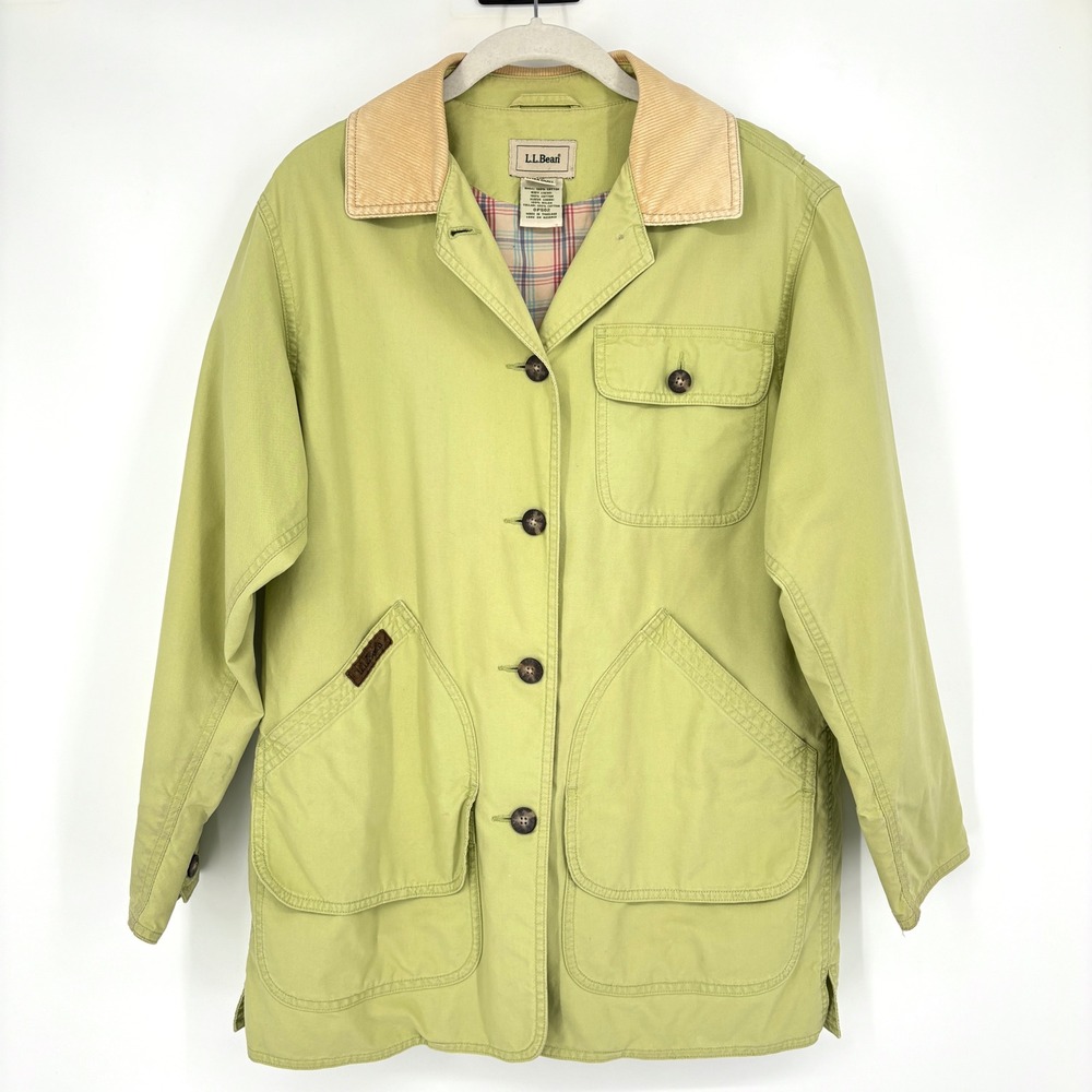 Vintage LL Bean Field Chore Coat Lime Green Corduroy Collar Plaid Jacket XS